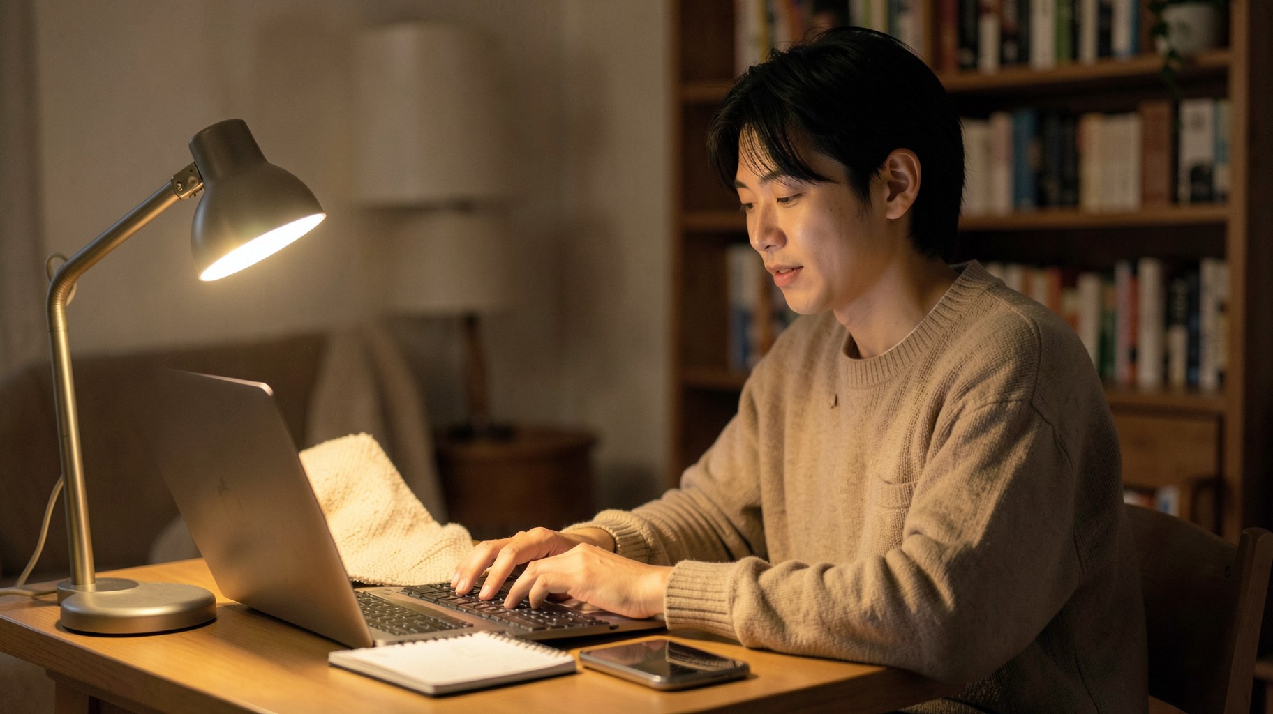 小さな家庭用デスクでノートパソコンに向かい副業を始めようとする人物