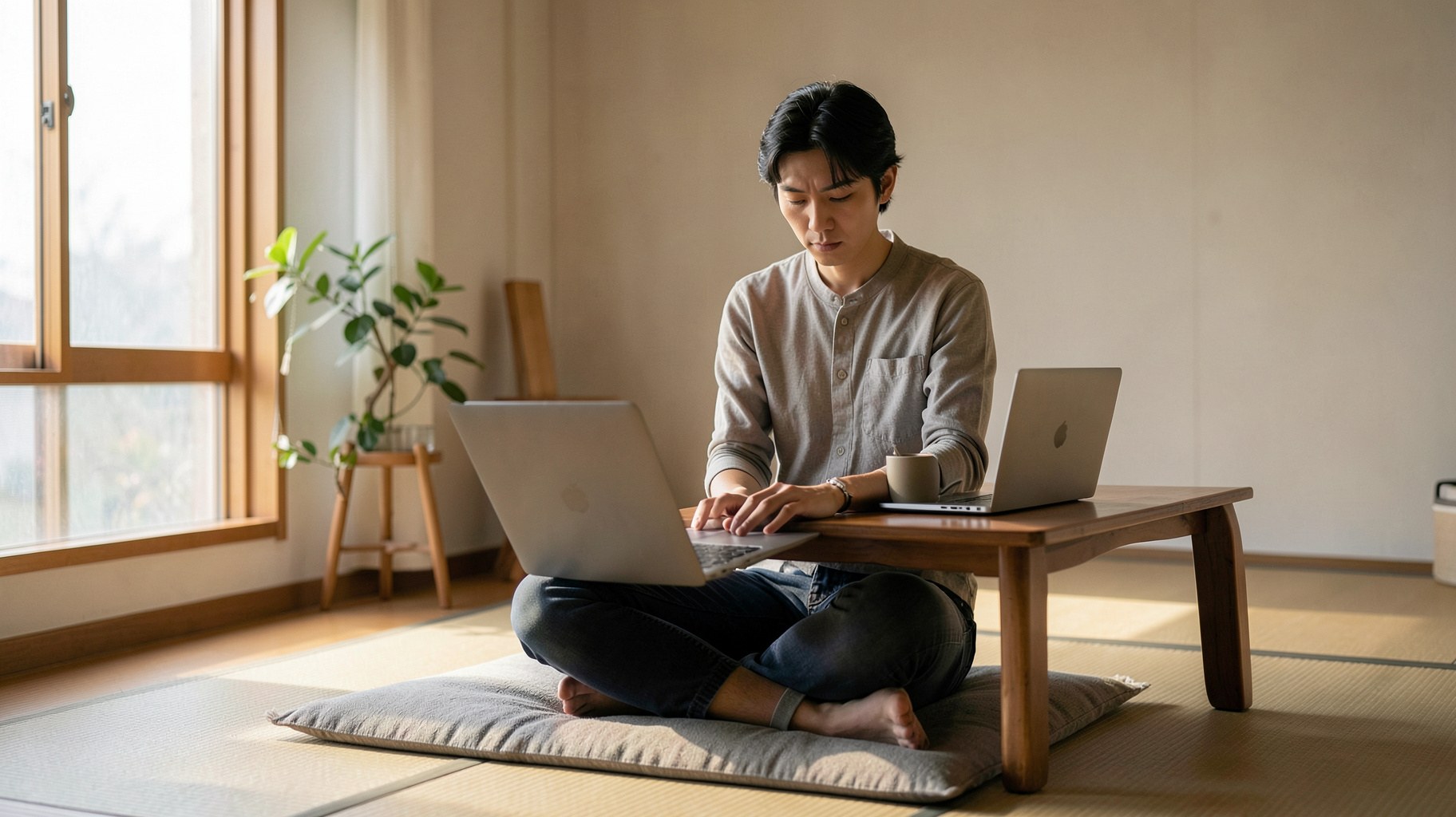 低いテーブルでノートパソコンを開き在宅でクラウドソーシングの仕事に取り組む人物