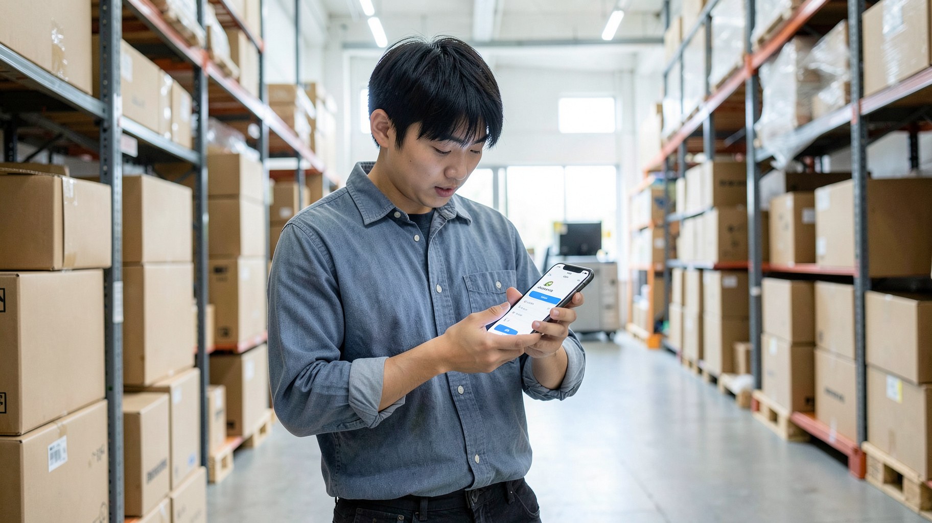 倉庫の通路でスマートフォンのスキマバイトアプリを確認するカジュアルな服装の人物