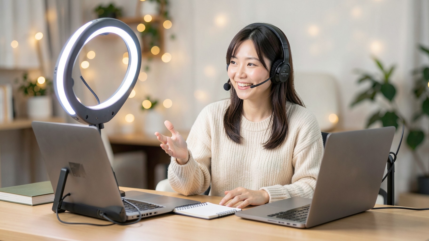 リングライトの前でノートパソコンを使いオンライン講座を配信する人物