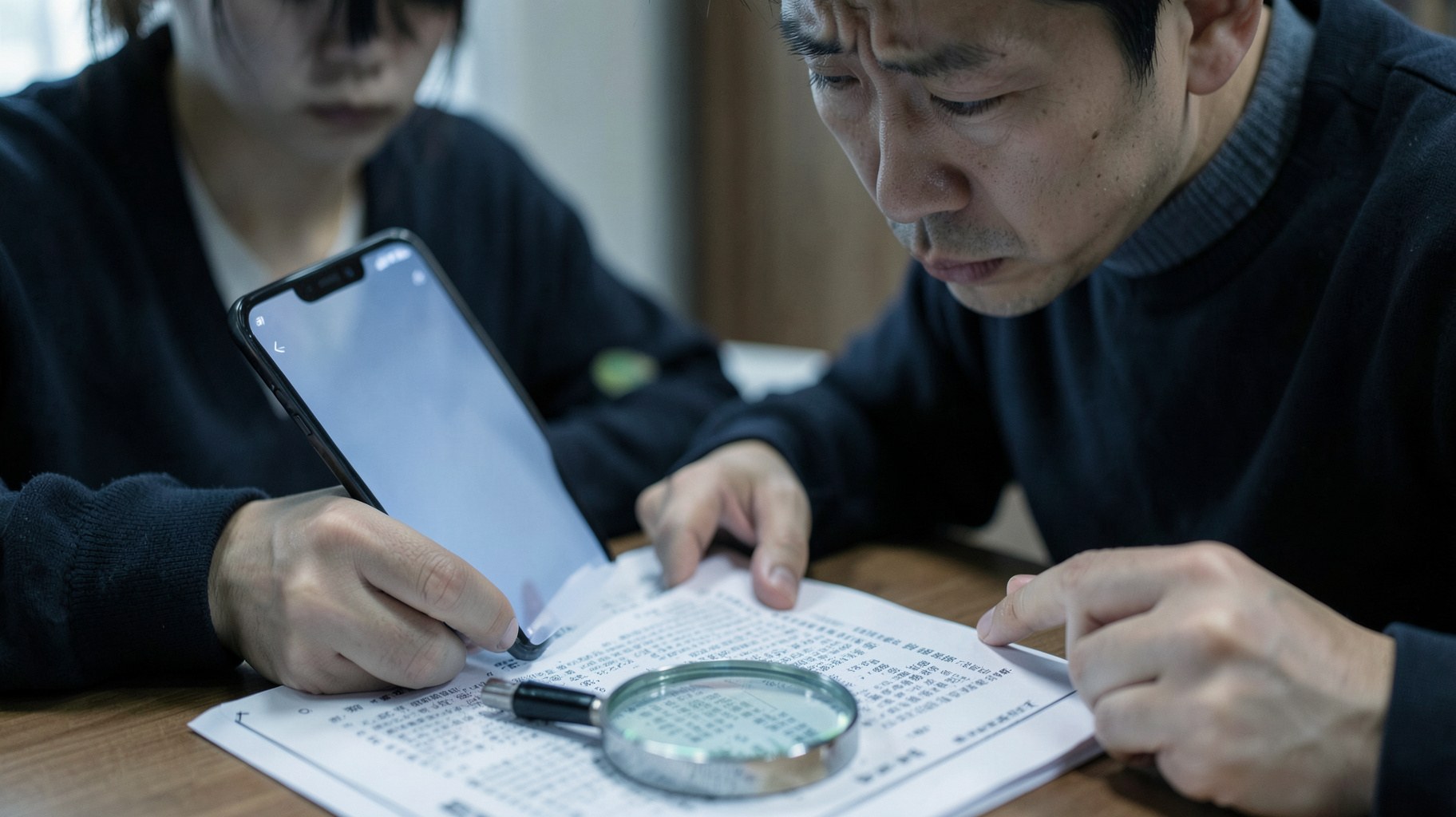 契約書とスマートフォンを慎重に確認する人物のクローズアップ